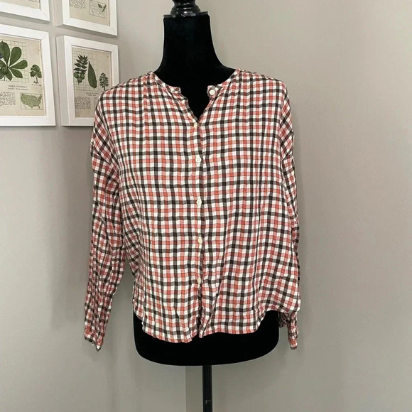 Madewell Orange Plaid Button Front Long Sleeve Top - Picture 1 of 9
